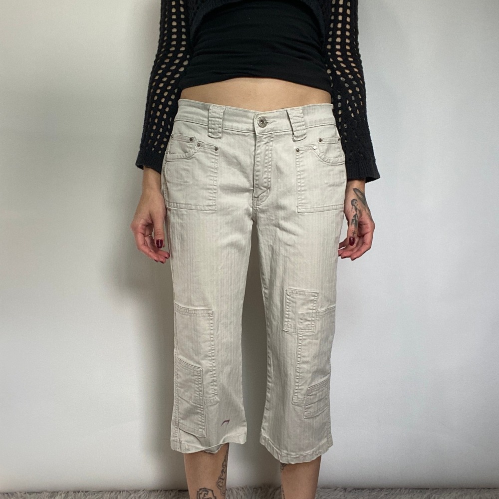 Vtg Y2K Khaki Cargo Cream Capri Pants Patch Pockets Low Rise Utility Cropped S/M